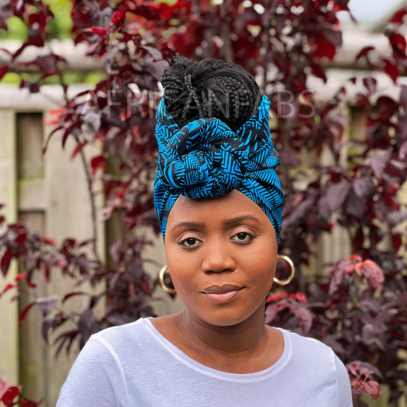 Afrikanischer Headwrap Blauer Bogolan 100% Baumwolle Ankara Print Stoff Turban / Schal / Stirnband / Stirnband / Stirnband / Wrap Bild 2