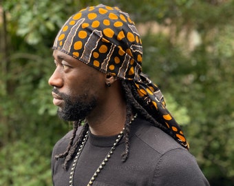 Durag / Du-rag / Do-rag / Bandana - African print cotton - Unisex - Black / brown Mud cloth stripes