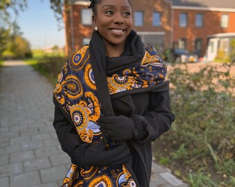 African print Warm Fleece Winter scarf for Adults Unisex - Dark Blue / Yellow Paisley