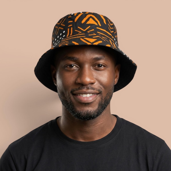 Bucket hat / Fisherman hat with African print - Black Orange Bogolan Symbols - Kids & Adults sizes (Unisex)