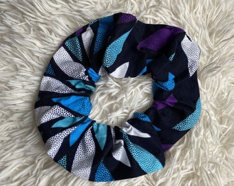 African print Scrunchie - Hair Elastics Ties - XL Adults Hair Accessories - Blue / white / purple