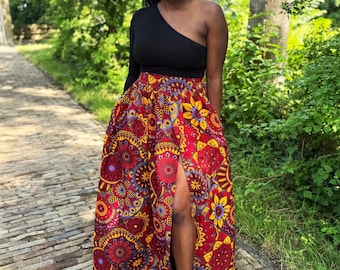 African print maxi skirt with slit - Red & Yellow Mandala Patchwork - wax maxi skirt, ankara skirt, African fabric clothing