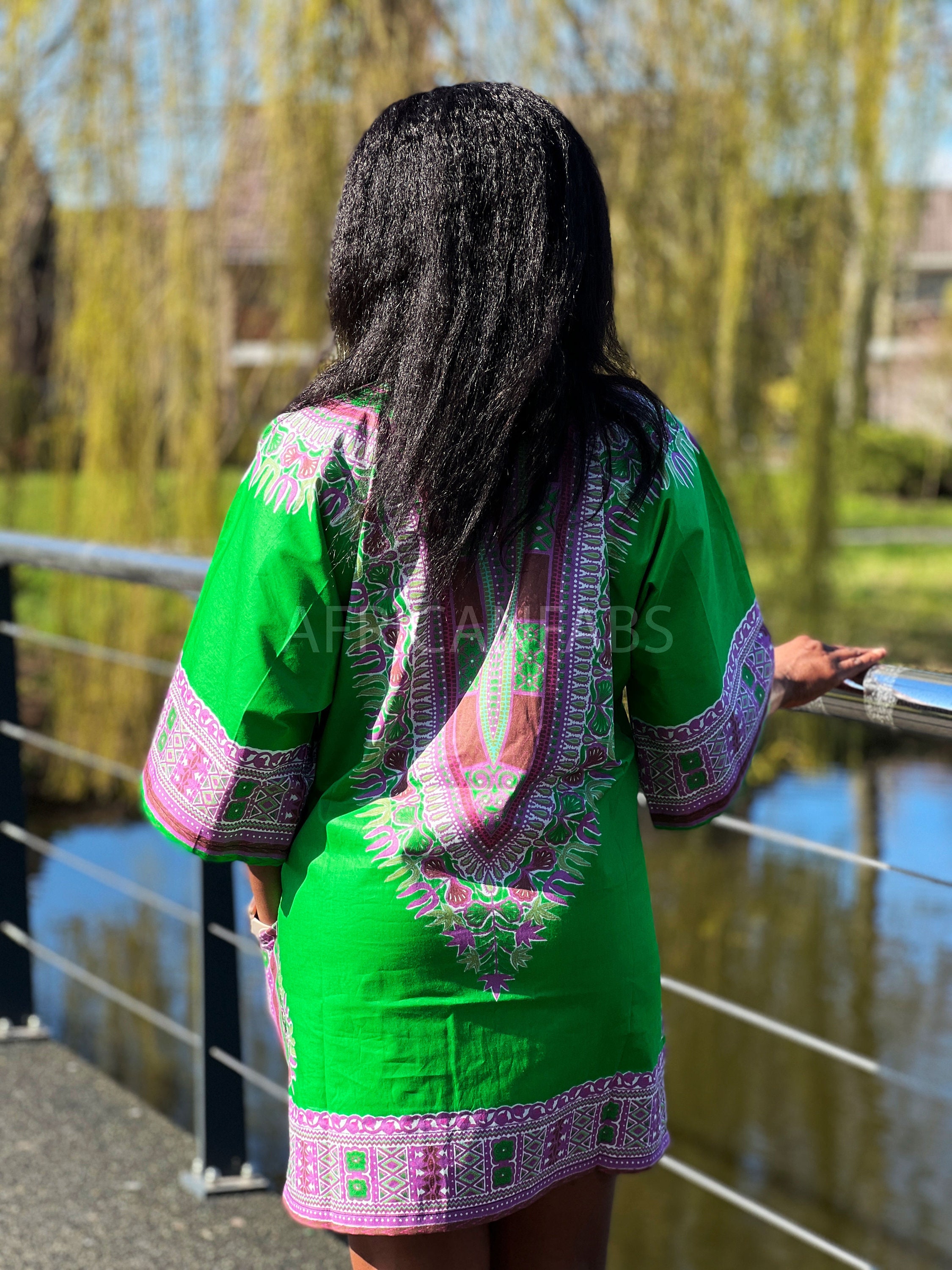 Green Dashiki Shirt / Dashiki Dress - African Print Top - Unisex - Vlisco