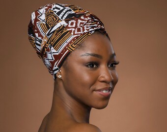 Easy headwrap - African print Satin lined hair bonnet - Brown Bogolan Mosaic - Semi Pre-Tied turban