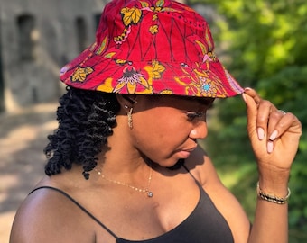 Bucket hat / Fisherman hat with African print - Dark Red & Yellow Botanical Flow - Kids and Adults sizes (Unisex)