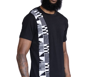 T-Shirt mit afrikanischen Printdetails – Schwarz/weißes Kente-Band