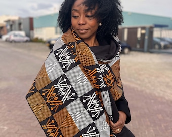 Warmer Fleece-Winterschal mit afrikanischem Aufdruck für Erwachsene, Unisex – Kente-Schlamm Schwarz/Orange