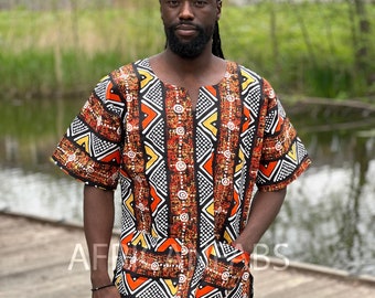 Chemise Dashiki Bogolan marron / orange / Robe Dashiki - Haut imprimé africain - Unisexe