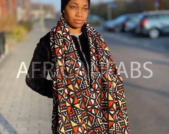 Afrikanischer Print Warmer Fleece Winterschal für Erwachsene Unisex - Braun / Orange / Beige Schlammtuch / Bogolan