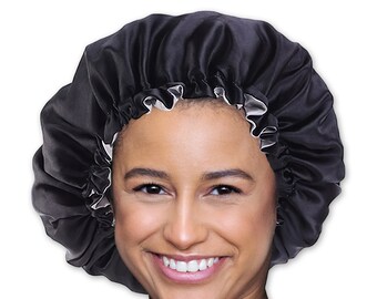 Schwarze / graue Satin-Haarhaube (umkehrbare / verstellbare Satin-Nachtschlafmütze) zum Schutz der Frisuren