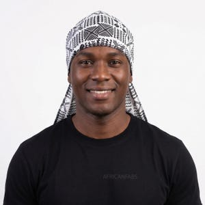 Durag / Du-rag / Do-rag / Bandana - Bawełna z afrykańskim nadrukiem - Unisex - Biały i czarny Bogolan