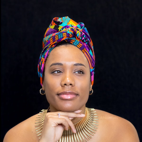 Couvre-chef africain - African Multi Color / Kente / Kente - 100% coton Ankara tissu imprimé turban / écharpe / bandeau / headtie / wrap