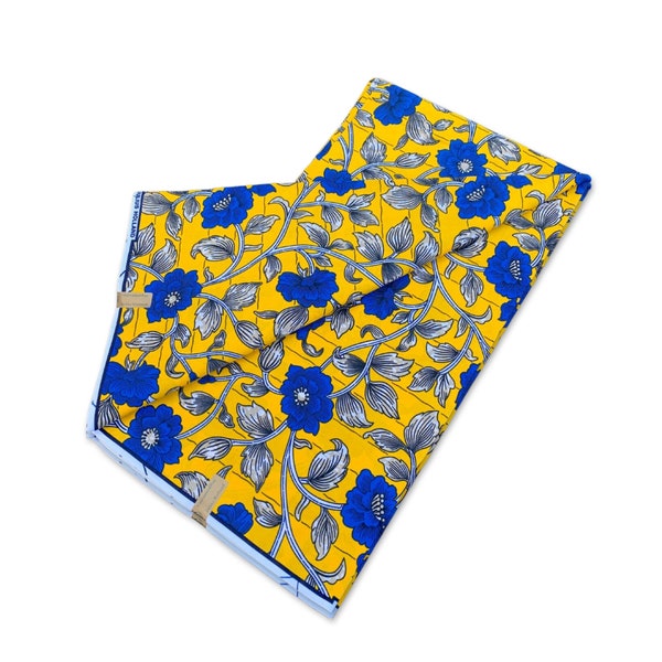 African Wax print fabric - Yellow Blue Flowers - Ankara Cotton Fabrics - African fabric Wax cloth by the yard - Julius Holland