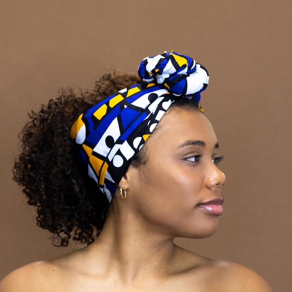 Bandeau africain - Bleu / Jaune Samakaka - 100% coton Tissu imprimé Ankara turban / écharpe / bandeau / headtie / wrap