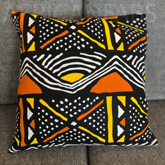 African pillow cover Orange Bogolan Mud cloth Decorative pillow 45x45cm African print cushion cover 100 Cotton