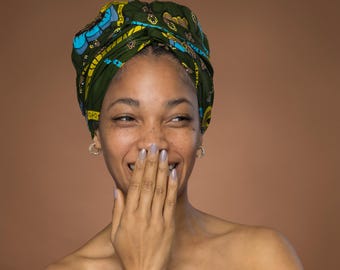 Easy headwrap - African print Satin lined hair bonnet - Green Botanical Flow - Semi Pre-Tied turban