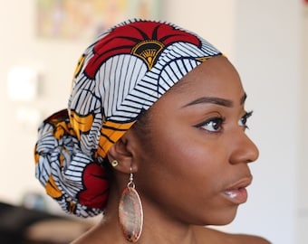 African headwrap - white red wedding flowers African turban / scarf / headband / bandana - Vlisco Hollandais Wax print ankara fabric headtie