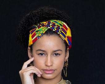 Afrikanischer Print Twist Stirnband Kopfschmuck – Erwachsene – Haarschmuck – Gelb Mehrfarbig Kente