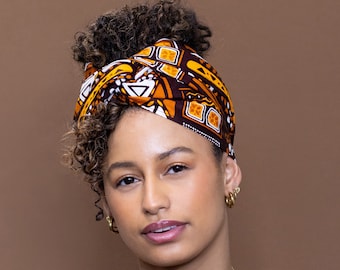 Afrikanisches Kopftuch – Braun / Muster Bogolan – Turban / Schal / Stirnband / Kopfband / Wickeltuch aus Ankara-Druckstoff aus 100 % Baumwolle