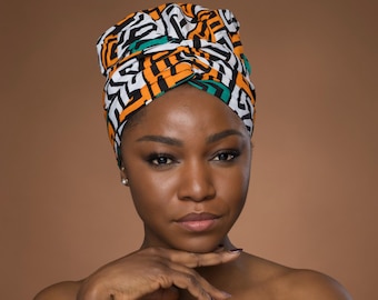 Easy headwrap - African print Satin lined hair bonnet - Teal Yellow Kuba Blocks Congo - Semi Pre-Tied turban