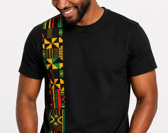 Men's Slim Fit Cotton T-shirt with African print details - Black Yellow Kente Band