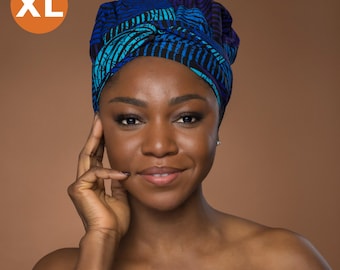 XL Easy headwrap - Satin lined hair bonnet with straps - Blue Turquoise Concentric Circle Design - African turban / pre wrapped head wrap