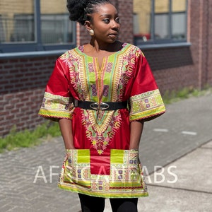 Red Dashiki Shirt / Dashiki Dress - African print top - Unisex - Vlisco