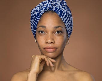 Easy headwrap - African print Satin lined hair bonnet - Blue Ndop Cameroon - Semi Pre-Tied turban