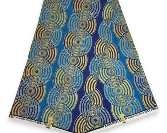 African Wax print fabric - Blue Gold Retro Circles - Special effect Brillant Platinum Edition - African fabric Wax cloth - Julius Holland