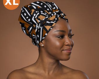 XL Easy headwrap - Satin lined hair bonnet with straps - Brown Black Bogolan - African turban / pre wrapped head wrap
