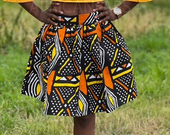 Afrikanischer Druck Orange / Schlammtuch - Wachs-Minirock, Ankara-Rock, afrikanische Stoffkleidung, Midirock, Ankara-Kleid