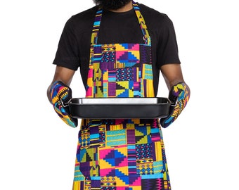 Afrikanische Druckschürze – Lila Mehrfarbige Kente – (Küchenschürze zum Kochen, Grillen, Gartenarbeit, Hobby)