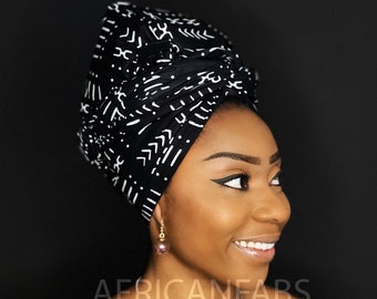 Headwrap africain - Noir / blanc bogolan Kente / tissu de boue - 100% coton Ankara tissu imprimé turban / foulard / bandeau / bandeau / wrap