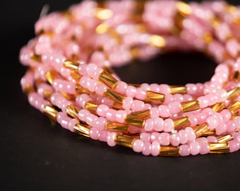 African Waist Beads / Waist Chain - NKEM - Pink / Gold (elastic) - Traditional Waist Beads / African Slimming Belly Chains