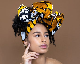 Afrikanisches Kopftuch - Senf / Gelbes Samakaka - 100% Baumwolle Ankara-Druckstoff Turban / Schal / Stirnband / Kopfband / Wickel
