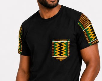Men's Slim Fit Cotton T-shirt with African print details - Green Kente Zigzag Pocket