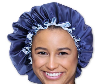 Blaue Satin-Haarhaube (umkehrbare / verstellbare Satin-Nachtschlafmütze) zum Schutz von Frisuren