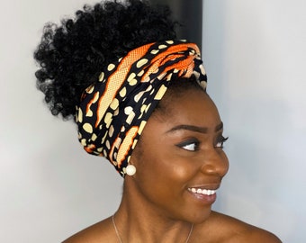African headwrap - Black Orange metallic bogolan - 100% cotton Ankara print fabric turban / scarf / headband / headtie / bandana / wrap