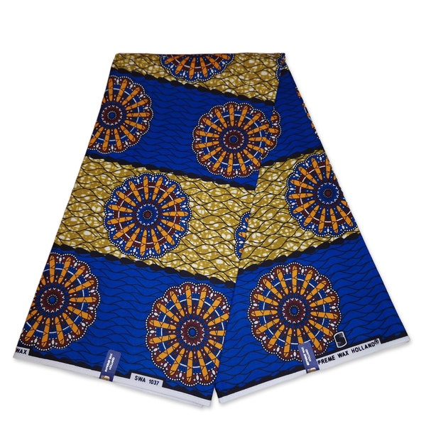 African fabric - Blue / mustard mills - Wax print Ankara Cotton Fabrics - African Wax cloth by the yard