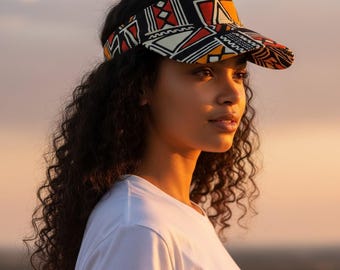 African print Sun visor cap - Red & Orange Bogolan Symbols