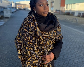 African print Warm Fleece Winter scarf for Adults Unisex - Black / yellow bogolan