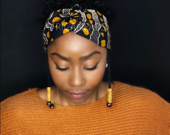 Afrikanischer Print Twist Stirnband Kopfschmuck – Erwachsene – Haarschmuck – Schwarzer Senf Bogolan