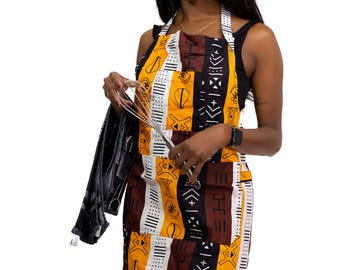 African print Apron - Dark Brown / Yellow Bogolan Symbols (kitchen apron for cooking, bbq, gardening, hobby)