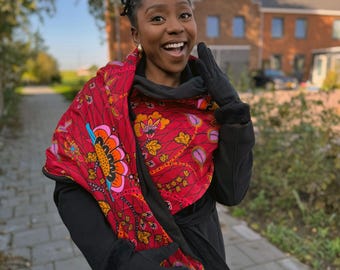 African print Warm Fleece Winter scarf for Adults Unisex - Red Botanical Flow