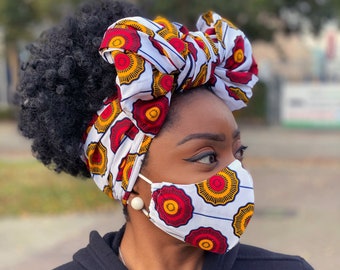 Afrikanischer Headwrap + Gesichtsmaske (Premium-Set) Passendes Afrikanisches Print Mundmasken Set - Weiß rote Scheiben