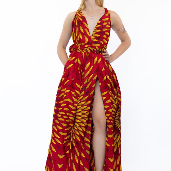 African Print Red / yellow sunburst Infinity Multiway Maxi Dress / Ankara dress