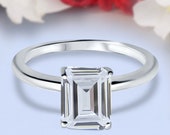 Emerald Cut Simulated Diamond Cathedral Solitaire Wedding Engagement Ring 925 Sterling Silver