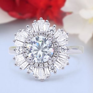 Classic Floral Art Deco Cluster Halo Round Anniversary Engagement Ring Baguette Simulated Cubic Zirconia Stones 925 Sterling Silver
