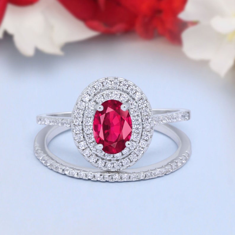 Two Piece Double Halo Art Deco Wedding Band Engagement Ring Oval Simulated Diamond 925 Sterling Silver