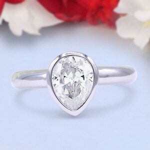 9mmX6mm Cubic Zirconia Bezel Pear Solitaire Classic Full Bezel Set Anniversary Statement Engagement Ring 925 Sterling Silver